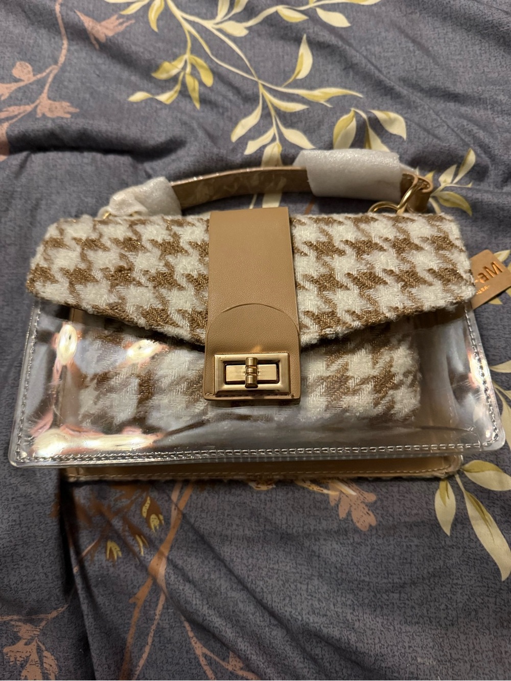 Clear Houndstooth Accent Crossbody Bag - Beige